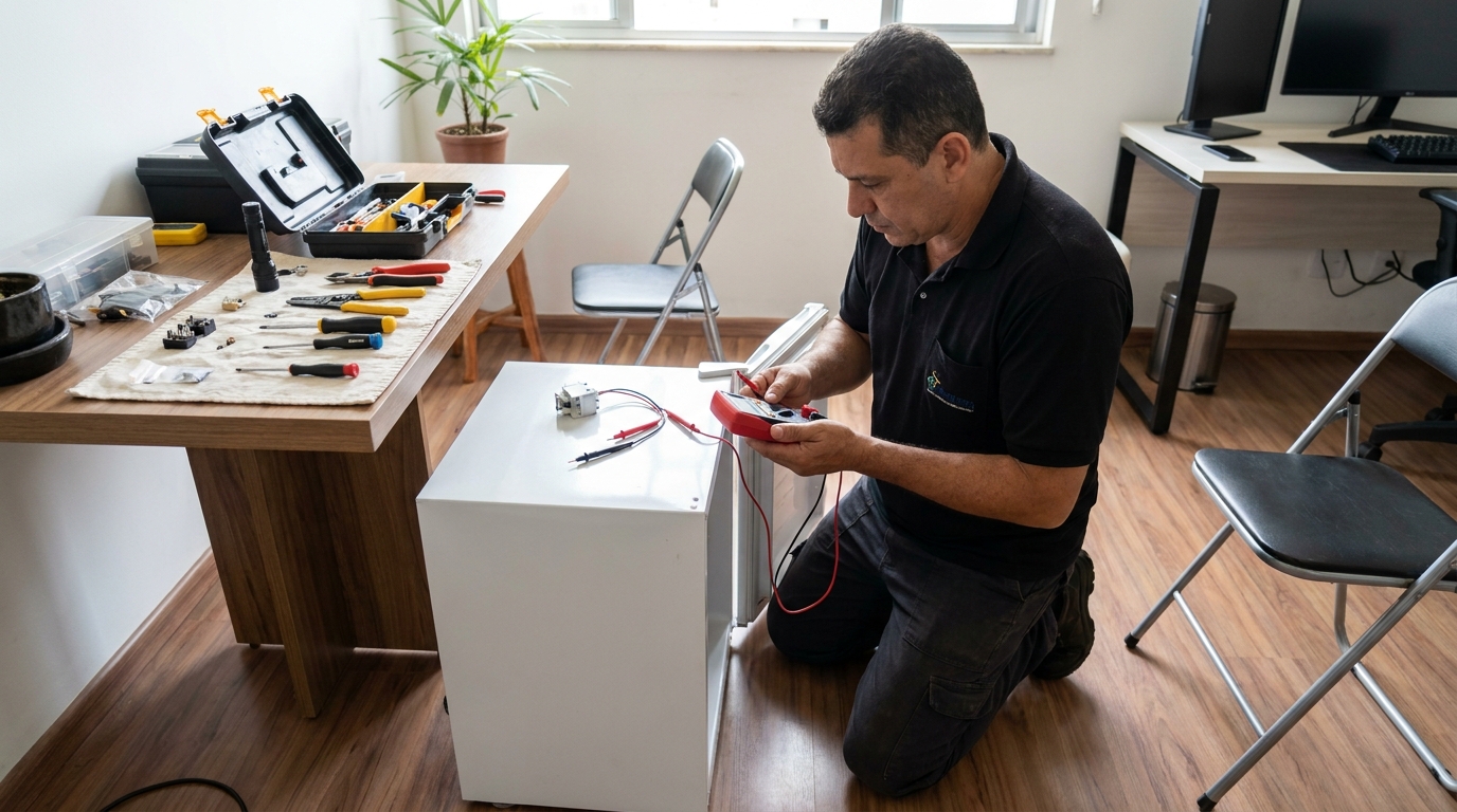 Manutenção da placa eletrônica de um frigobar em Campo Grande‑MS