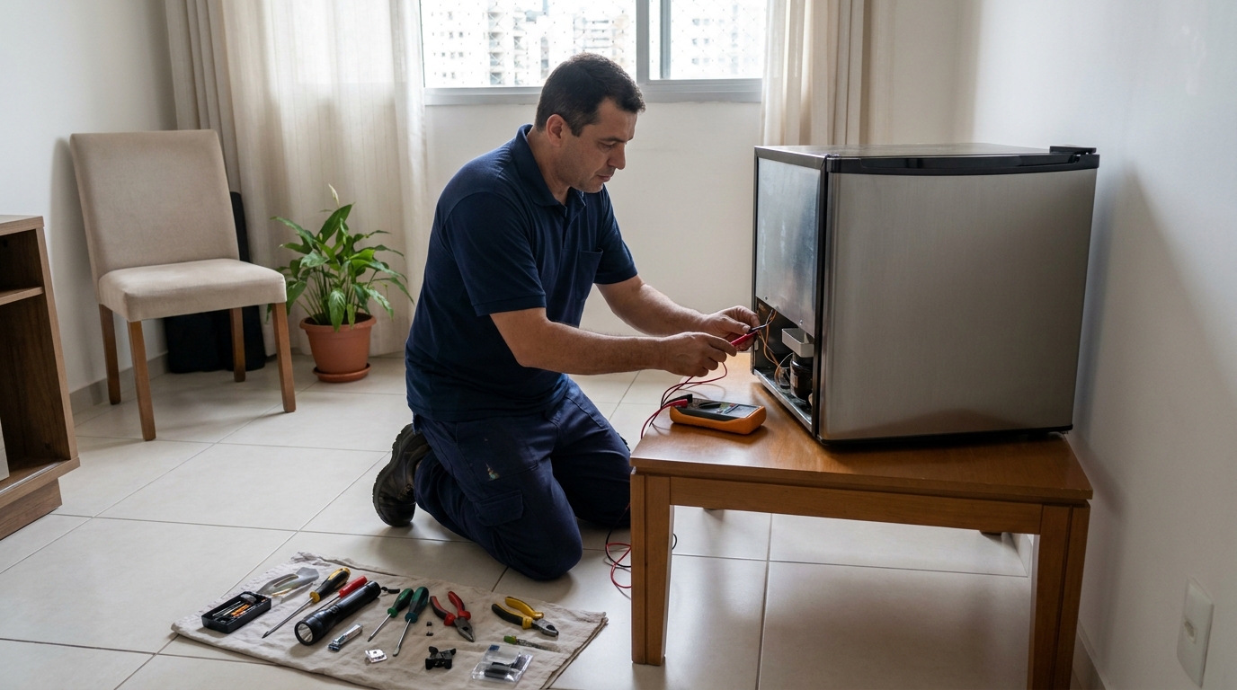 Técnico revisando o motor de um frigobar em Campo Grande‑MS