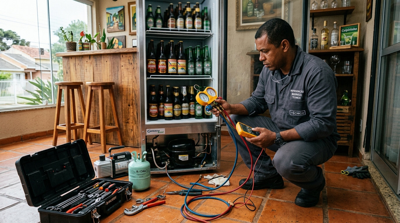 Técnico conferindo a temperatura de uma cervejeira durante atendimento em Campo Grande‑MS