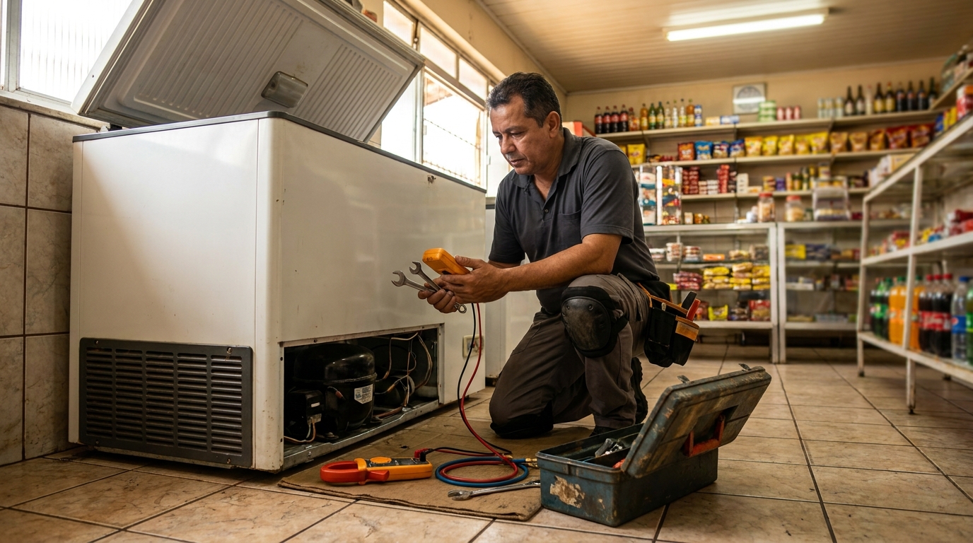 Técnico avaliando um freezer vertical durante atendimento em Campo Grande‑MS