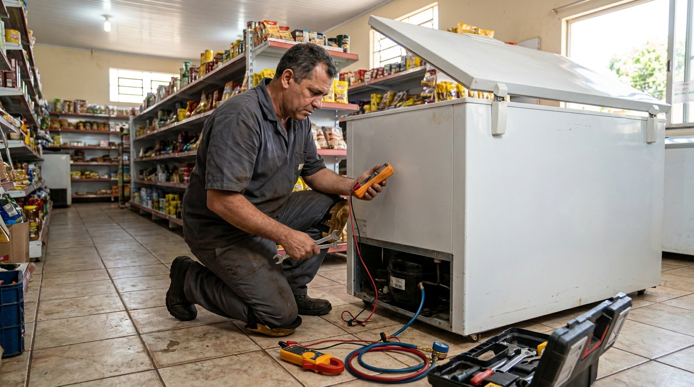 Troca de termostato de freezer em atendimento em Campo Grande‑MS